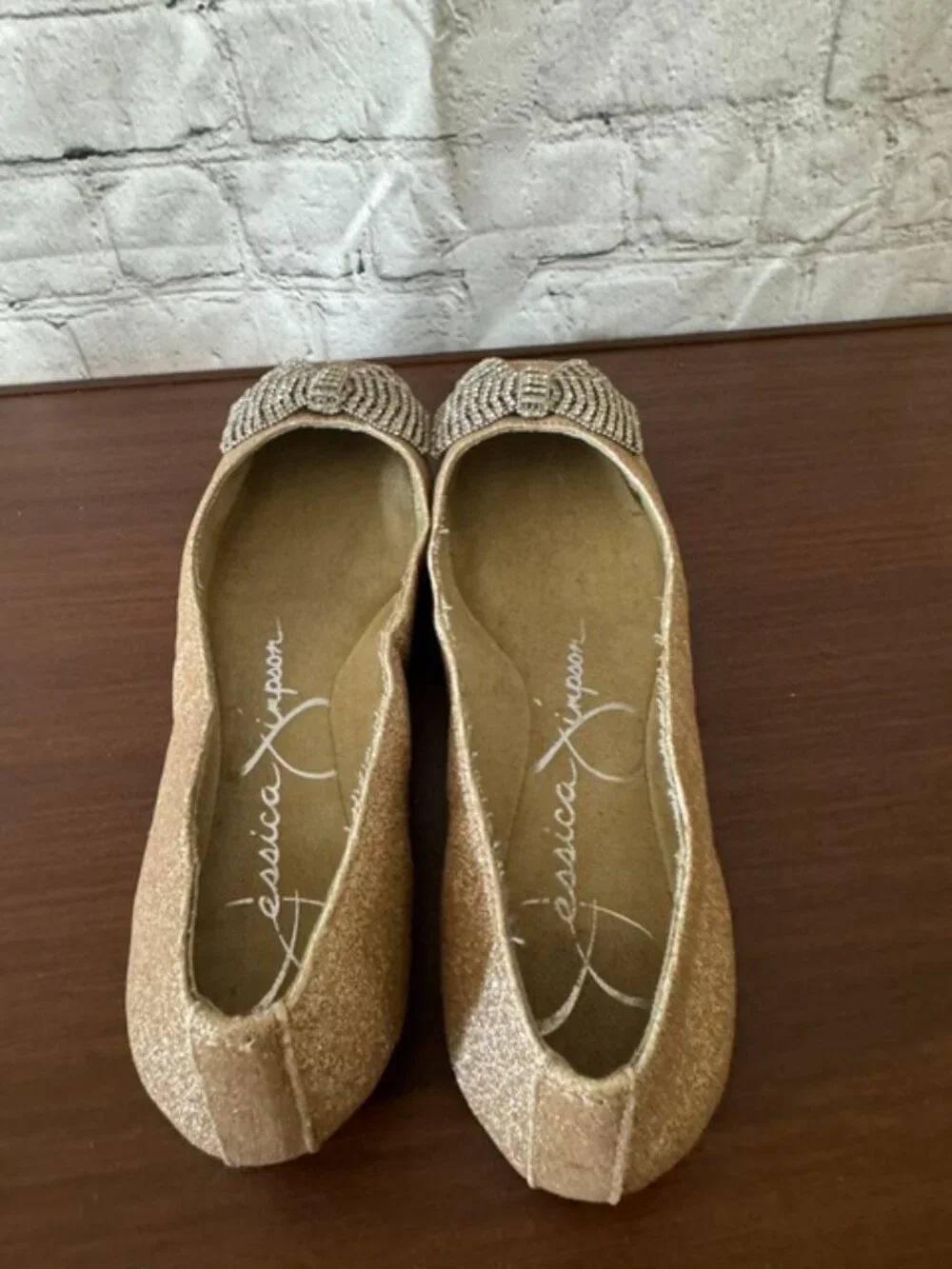 Jessica Simpson Gold Glitter Rhinestone Bow Flats Square Toe Size 6M